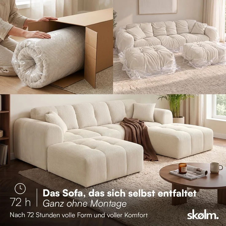 skølm 'Vanaheim' Sofa 3 Sitzer mit 2 Hocker & 2 Kissen, Cloud Sofa beige, Cord, Vollschaumcouch mit Federkern und Vakuum-Kompression, kein Aufbau erforderlich – Bild 2