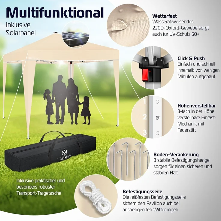 KESSER® Faltpavillon mit Tasche und Beleuchtung, wasserdicht und UV-Schutz 50+, Metall / Polyester beige, 300x300 cm – Bild 2