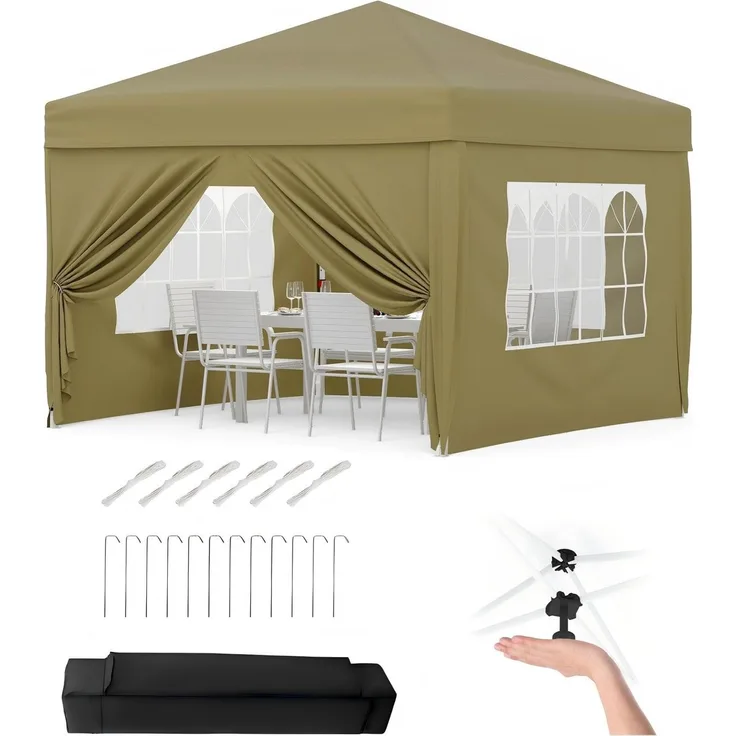 Faltpavillon 3x3 m wasserdicht stabil mit 4 Seitenwänden – Pop up Pavillon faltbar aus 420D Oxford, UV-Schutz 50+, 3-Fach höhenverstellbar, Partyzelt mit Tragetasche für Garten & Outdoor (Khaki)