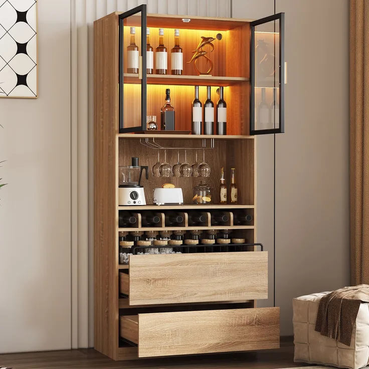 Badezimmerschrank,Spirituosenschrank,Vitrine Vitrinenschrank mit Glastüren und Beleuchtung 180 CM--Natürlich1--80x40x180cm--YOUDENOVA