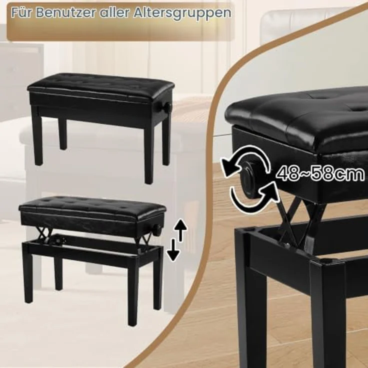 Clevich Klavierhocker Höhenverstellbar 48-58CM, Pianobank mit Stauraum 73× 34× 48cm, Klavierbank mit PU Lederkissen, Klavierstuhl Heavy Duty, Tastatur Piano Bench bis 200KG Belastbar, Schwarz – Bild 7