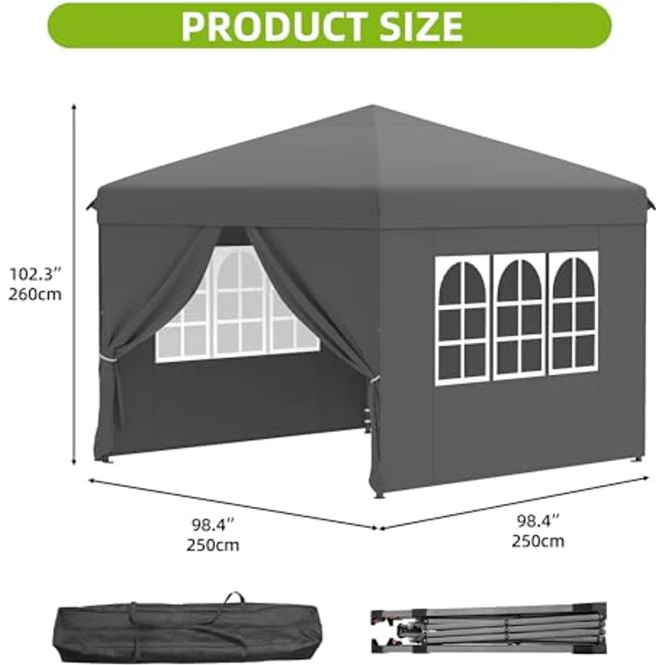 YITAHOME Pavillon mit Seitenwänden, 2.5x2.5m wasserdichte zusammenklappbares Garten Vordach, Ganzjahres Camping Pavillon UV-Schutz mit Heringen,Seil,Tragetasche,Gewichtsbeuteln Veranstaltungen,grau – Bild 2