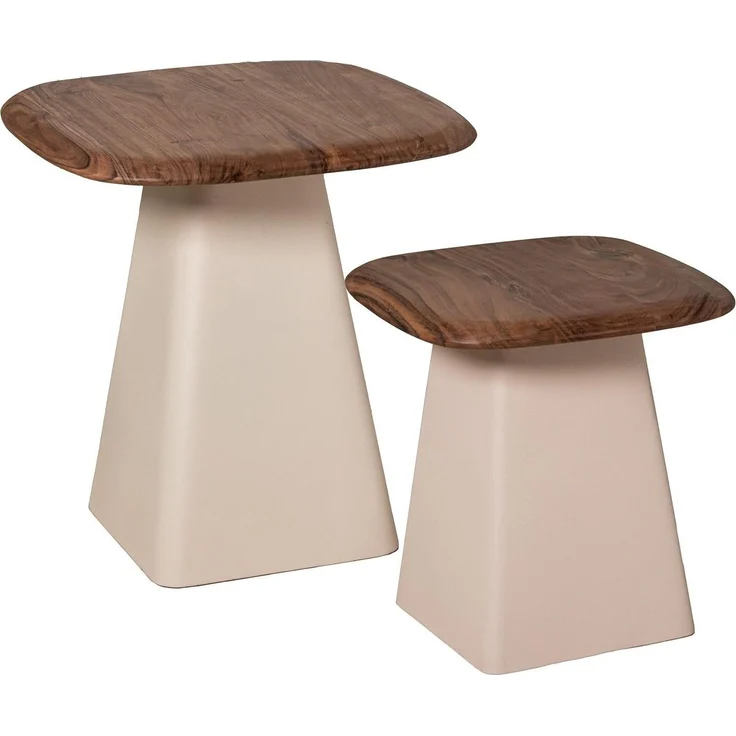 DRW Set mit 2 Beistelltischen aus Holz und Metallsockel in Natur und Beige, 50 x 50 x 52 cm – Bild 1
