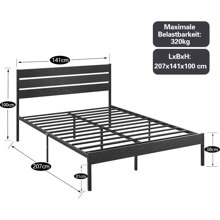 VECELO Bettgestell 140x200 cm, Metallbett mit Dick Holzkopfteil und Lattenrost, Doppelbett mit Stauraum unter dem Bett, perfekt für Schlafzimmer, Schwarz – Bild 2