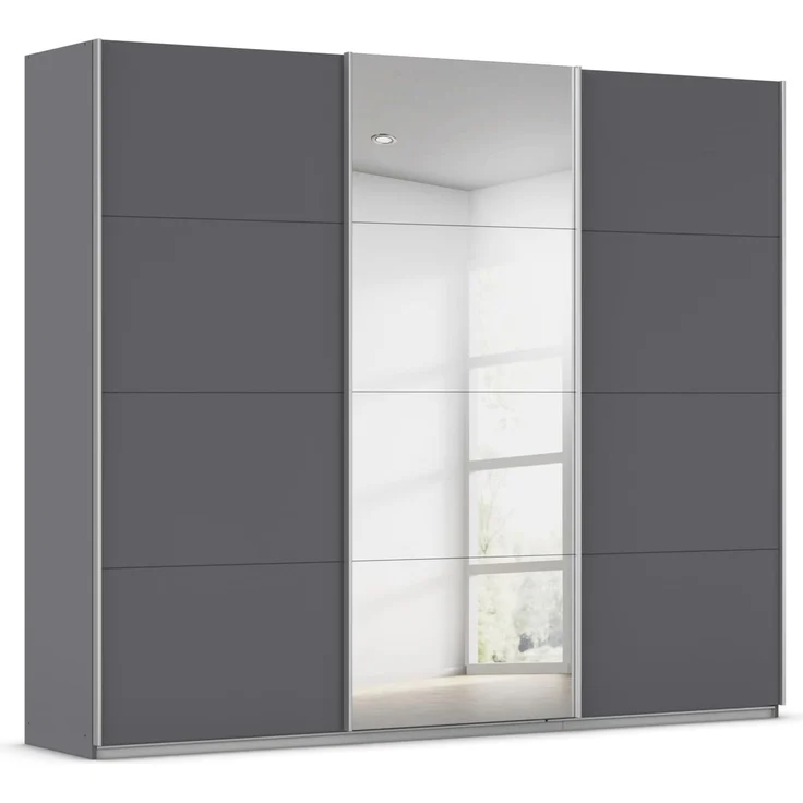 Rauch Möbel Kulmbach, Kleiderschrank mit Schwebetüren für Schlafzimmer, Kinderzimmer, Flur, 3-türig, mit Spiegel und Soft-Close-Funktion, Zubehör Premium, Farbe Grau metallic, Schwarz, Breite 271 cm