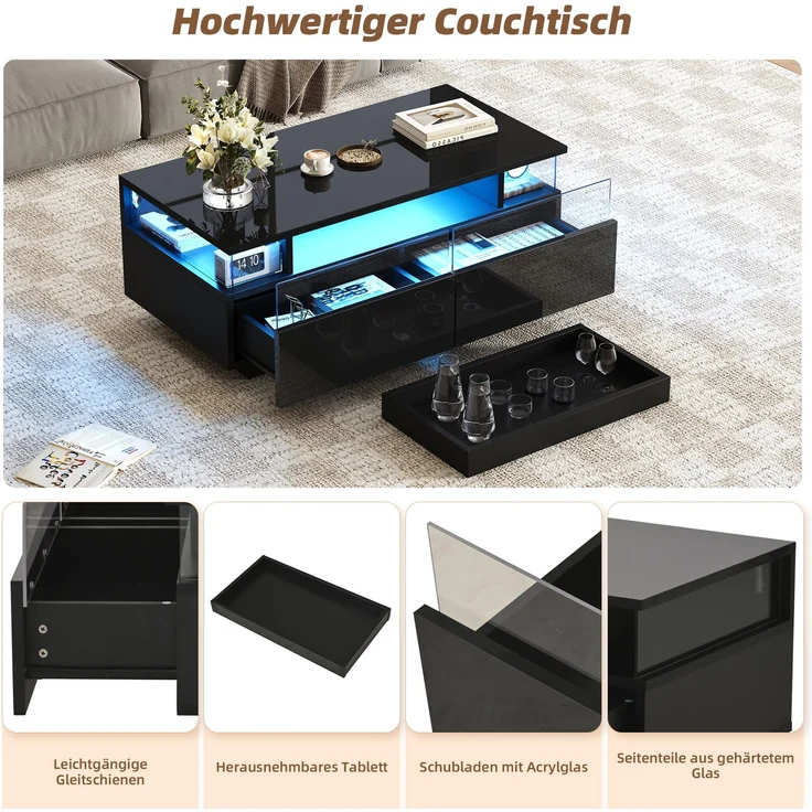 Merax Couchtisch mit Tablett, Hochglanz-Couchtisch fürs Wohnzimmer, Sofatisch mit 2 Schubladen, tragender Beistelltisch aus gehärtetem Glas, kaffeetisch mit LED-Licht, Schwarz – Bild 6