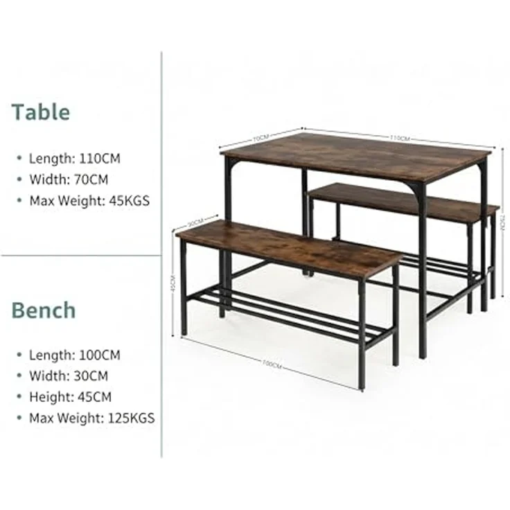 FurnitureR 3-teiliger Esstisch Set mit 2 Aufbewahrungsbänken, Vintage Holzplatte, schwarzer Metallrahmen, 110 cm Küchentisch, 2 Aufbewahrungsbänke von 100cm je, rustikal braun und schwarz – Bild 3