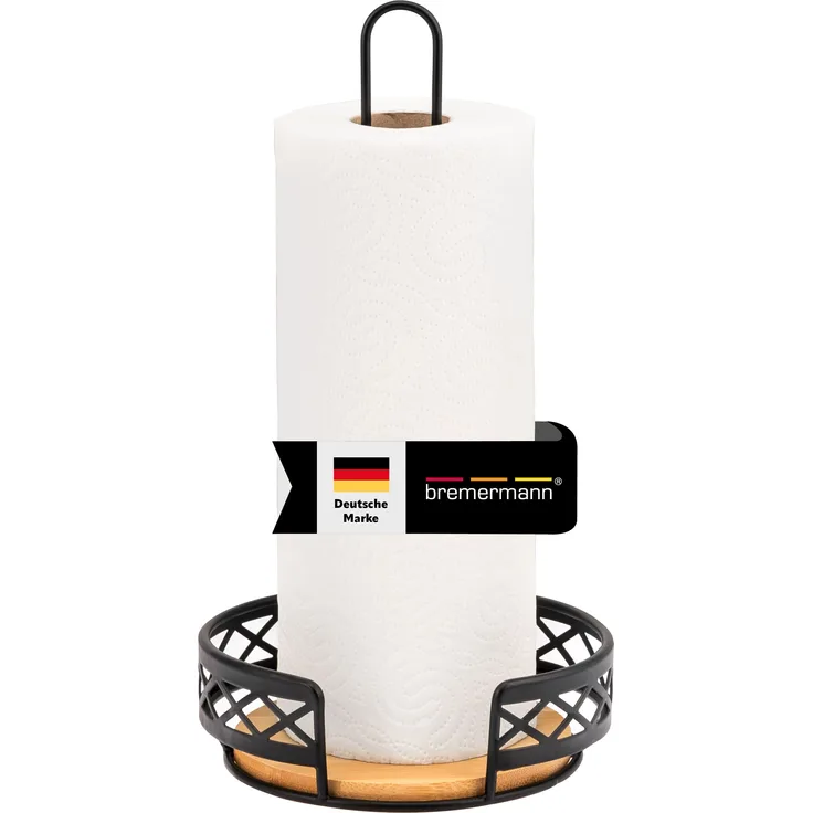 Küchenrollenhalter aus Bambus und schwarzem Metall, freistehend, Küchenpapierhalter