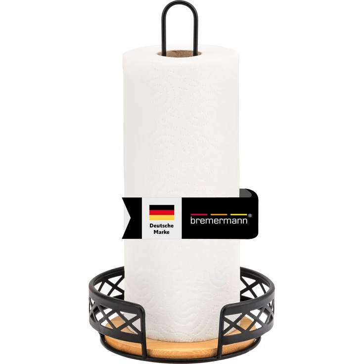 Küchenrollenhalter aus Bambus und schwarzem Metall, freistehend, Küchenpapierhalter – Bild 1