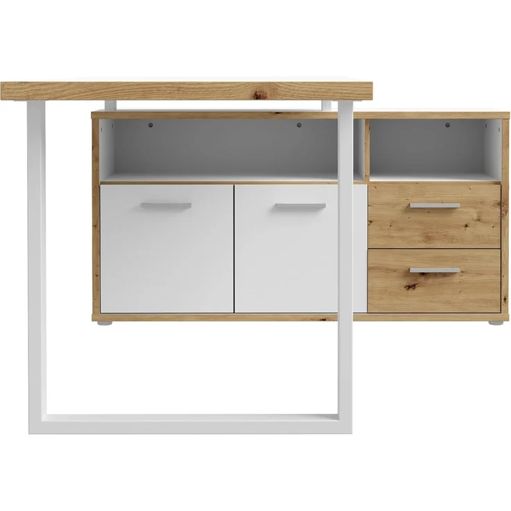 Forte KEFLAVIK Schreibtisch mit Schrank 120 130, modernes Büromöbel mit 2 Türen und 2 Schubladen, Weiß | Artisan Eiche Holzdekor, 124,2 cm breit x 74,1 cm hoch x 181 cm tief – Bild 5