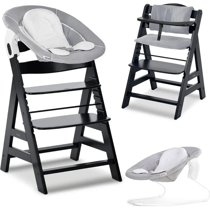 hauck Alpha+ Hochstuhl Newborn Set mit 2in1 Bouncer - Schwarz | Mitwachsender Holz Kinderhochstuhl ab Geburt bis 90 kg | inkl. Neugeborenenaufsatz & Sitzkissen