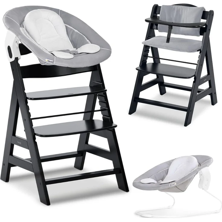 hauck Alpha+ Hochstuhl Newborn Set mit 2in1 Bouncer - Schwarz | Mitwachsender Holz Kinderhochstuhl ab Geburt bis 90 kg | inkl. Neugeborenenaufsatz & Sitzkissen