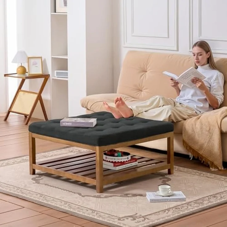 VEVOR quadratischer Couchtisch (875 x 875 x 445 mm) mit Ablagefläche aus Massivholz, massiv gepolsterte Ottomane mit Fußstütze aus Leinen für Schlafzimmer Wohnzimmer, 181,44 kg, Dunkelgrau – Bild 2