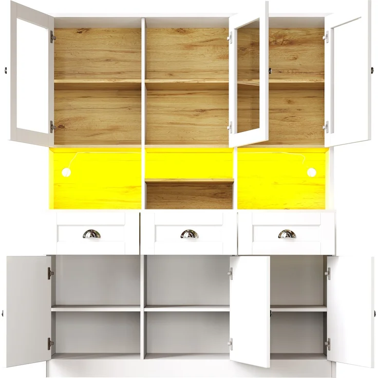 Küchenschrank(140×40×175cm), Hochschrank Küchenbuffet, Vitrinenschrank, Buffetschrank mit Verstellbaren Ablagen, Sideboard mit LED-Beleuchtung,Variable Lichtfarben, Weiß/Schwarz – Bild 7