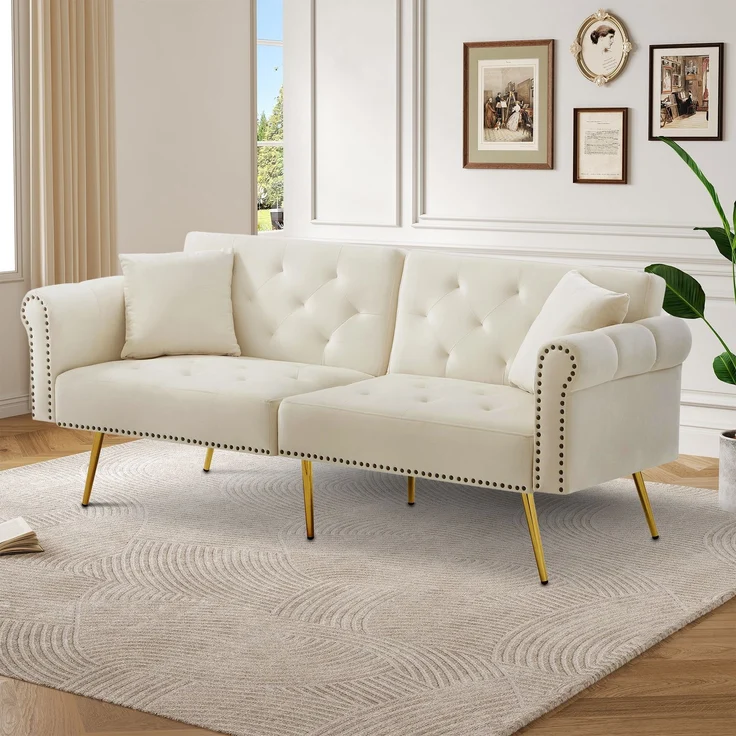 Schlafsofa mit unabhängig verstellbarer Doppel-Rückenlehne, eleganter Samtstoff, vergoldete Metallfüße,mit 3-facher Rückenverstellung – Bild 1