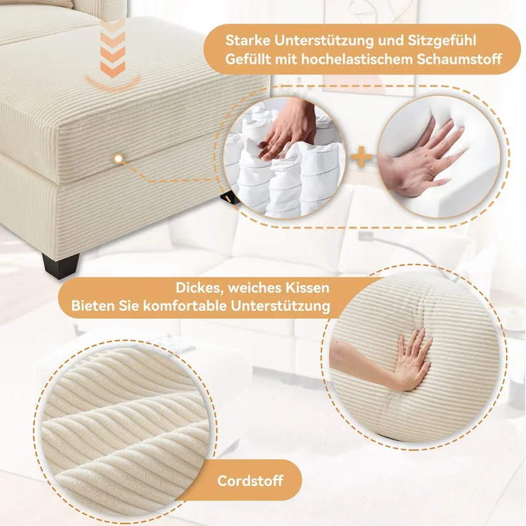 DESVIAE Sofa mit beweglichem Hocker und USB-Anschluss 213,5x87x139 cm Cord Beige – Bild 5