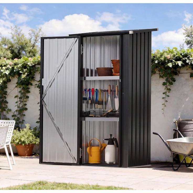 Aoxun Metall-Gerätehaus 88x61x164cm mit 2 verstellbaren Regalböden, Kleiner abschließbarer Werkzeugschrank für Garten, Terrasse & Hof, Schwarz – Bild 7
