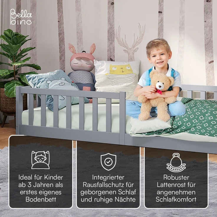 Bellabino 'Vere' Bodenbett 90x200 cm, grau, Massivholz Kiefer, Montessori Kinderbett mit Rausfallschutz und Lattenrost – Bild 4