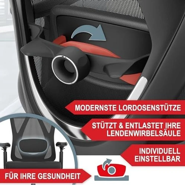 Onbest Bürostuhl PREMIUM Ergonomisch 150 kg, Verstellbare Lordosenstüzte, Armlehnen & Kopfstütze - Gaming Stuhl – Bild 4