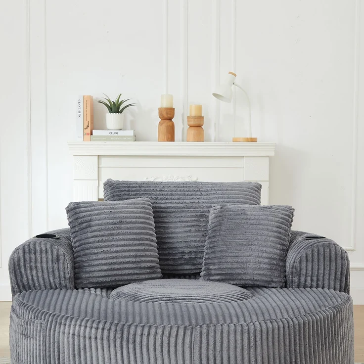 Rundes Loungesofa aus Cord, Einzelsitz Sitzsack Liegestuhl mit 3 Kissen, 2 Getränkehaltern, Seitenaufbewahrung, Rutschfest, Bequemes Relaxsofa für Wohnzimmer Schlafzimmer--Herde--146x29x32cm--YOUDENOVA – Bild 8