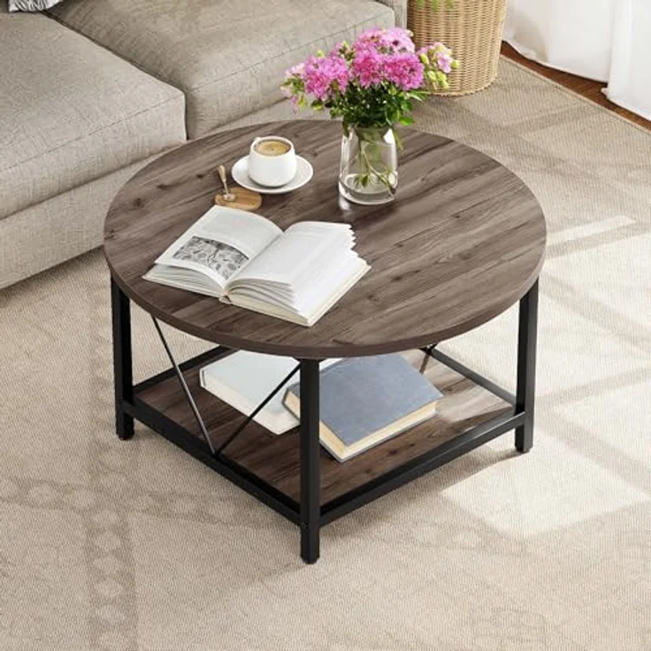 YITAHOME Runder Couchtisch, 80 x 80 x 46 cm Rustikaler Wohnzimmertisch aus Holz für Wohnzimmer mit Ablage, Moderner Bauernhaus Couchtisch mit Stabilen Metallbeinen, Heimmöbel – Bild 3