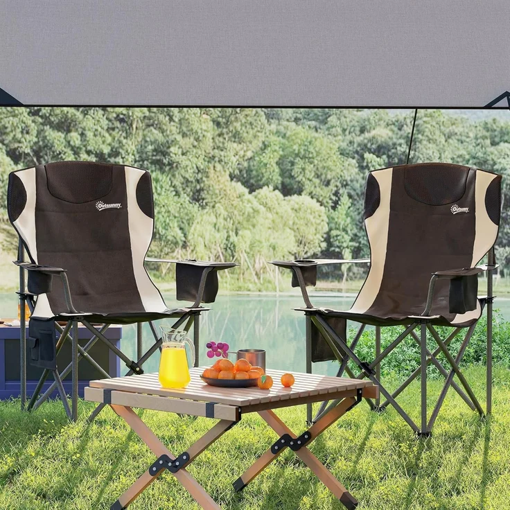 Outsunny Campingstuhl mit Armlehnen Getränkehalter Kopfstütze Kühltasche (2er Set Faltstuhl, 2 St), bis 120kg belast, gepolstert, für Garten, Camping – Bild 9