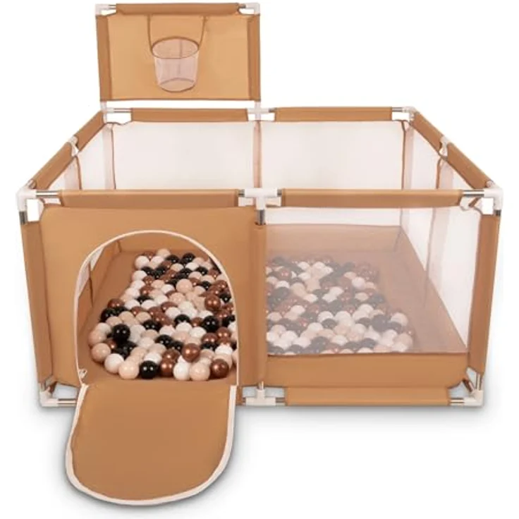 Selonis Laufstall Mit Korb Und 400 Bälle Laufgitter Für Kinder, Beige:Pastellbeige/Kupferrot/Weiß/Schwarz – Bild 2
