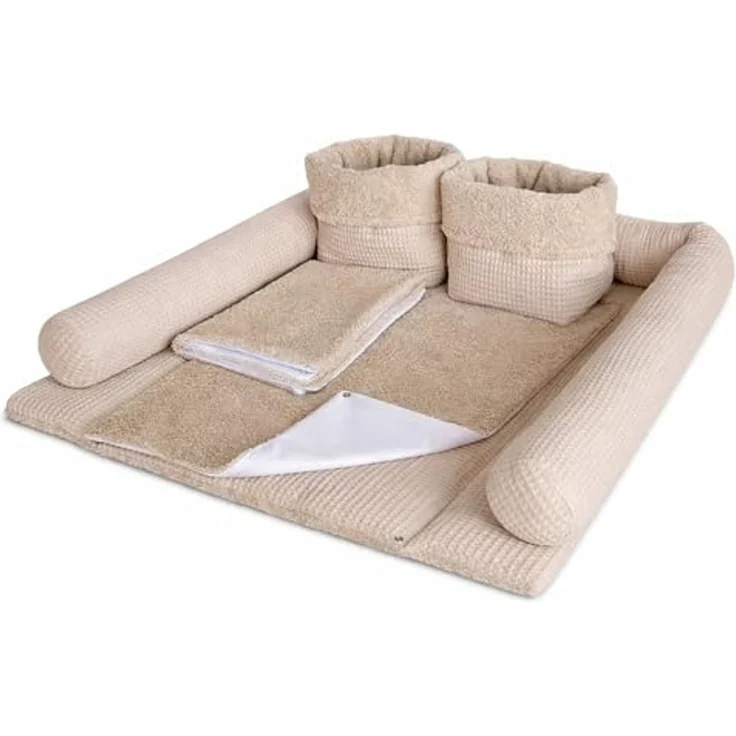 Wickelauflage Set 6-teilig – Wickelunterlage aus Waffelstoff & Frottee mit Druckknöpfen – Baby Wickelauflage – Wickeltischauflage – 75x75 cm (Breite x Tiefe), Altbeige – Bild 1