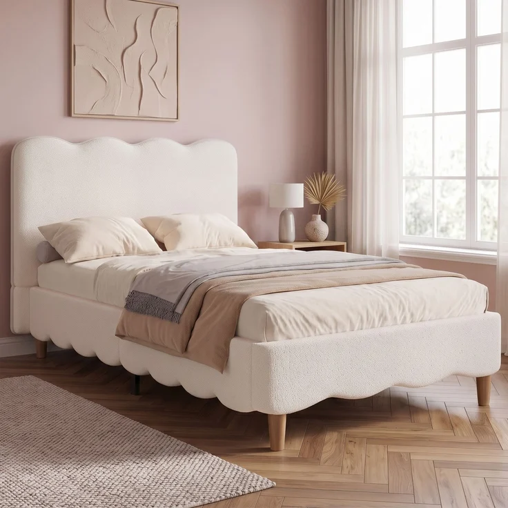 Merax Polsterbett, Einzelbett, Kinderbett 90 x 200cm, Bett mit Lattenrost und Kopfteil, Bettbeine aus Massivholz, gepolstertes Kopfteil, bouclé, Weiß – Bild 3