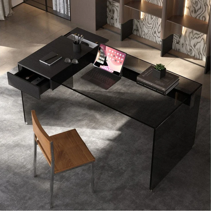 oleyluckidea Schreibtisch Schreibtisch mit Schubladen aus Sicherheitsglas stoßfest Schwarz (Set, ein Tisch), Breite 135 cm – Bild 4