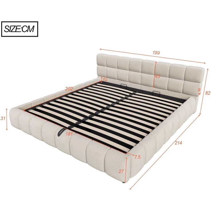 Merax Polsterbett 180 x 200 cm Doppelbett, Mit Lichtleiste, Kopfteil und Bettseiten mit voluminöser, Solider Formgebung, Ausgestattet mit hydraulischer Staufunktion, Samt, Beige – Bild 4