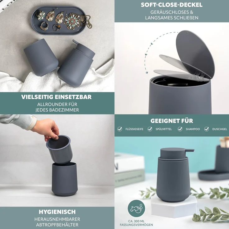 Bad-Accessoires Set TESERO 5tlg. bestehend aus 1x Seifenspender, 1x Becher, 1x Schale, 1x WC-Garnitur, 1x Kosmetikeimer aus Kunststoff in Grau – Bild 6