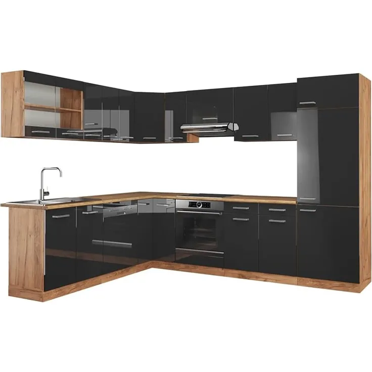 Eckküche R-Line Anthrazit Hochglanz/Goldkraft Eiche 287 x 227 cm, AP Eiche Vicco