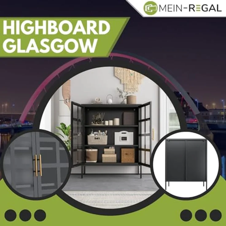 Mein-Regal Highboard Glasgow aus Metall Beistellschrank 2 Glastüren Schwarz – Bild 7