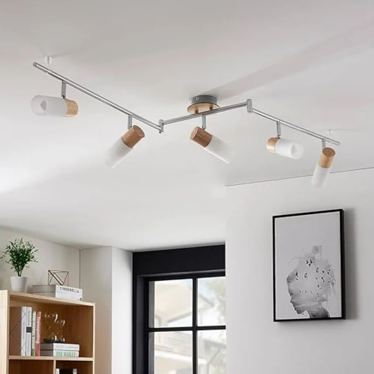 Lindby Deckenlampe, Deckenstrahler aus Glas und Holz, schwenkbar und drehbar, 5x E14 max. 5W, skandinavisches Design, weiß, für große Räume – Bild 4