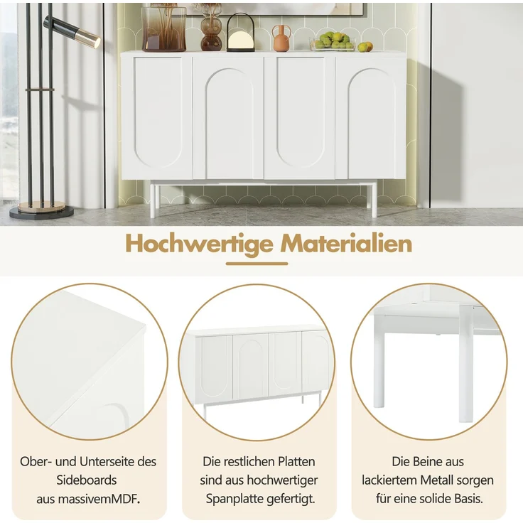 Sideboard Weiß mit gewölbten Türen, Stauraum & verstellbaren Regalen, modernes Anrichte-Design für Wohnzimmer/Esszimmer/Flur – Bild 6