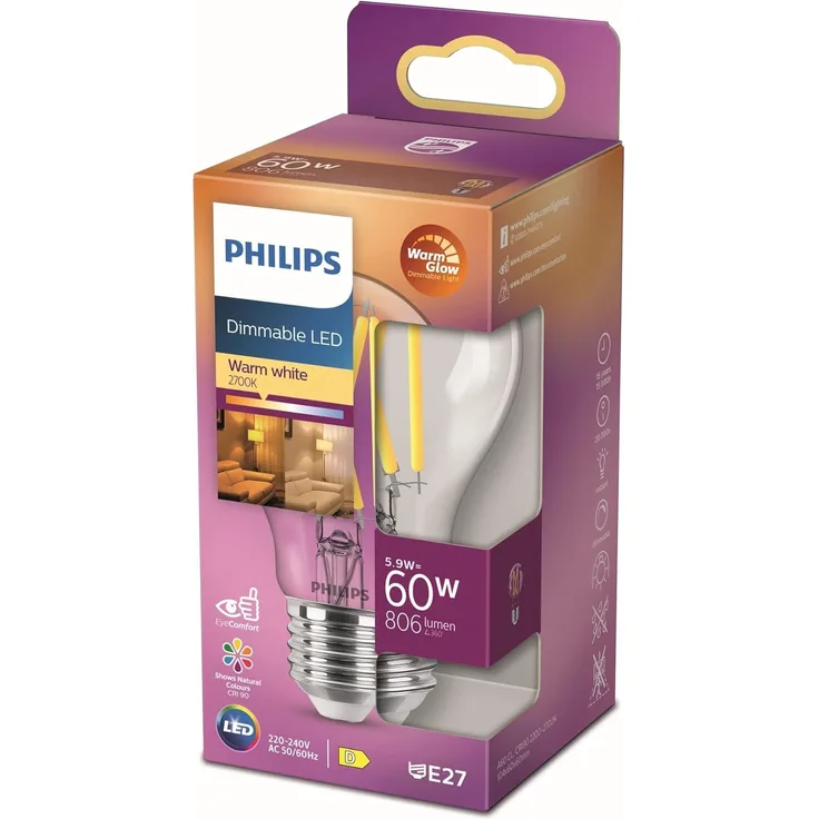 Phillips LED WarmGlow Lampe 60W E27 810lm klar 1er P