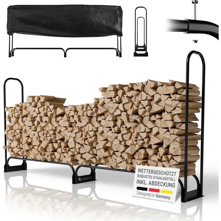 Juskys Kaminholzregal L 260x117x36 cm – Schwarz, Brennholzregal aus Stahl mit Abdeckung, Holzunterstand für Garten & Terrasse, 300 kg belastbar – Bild 1