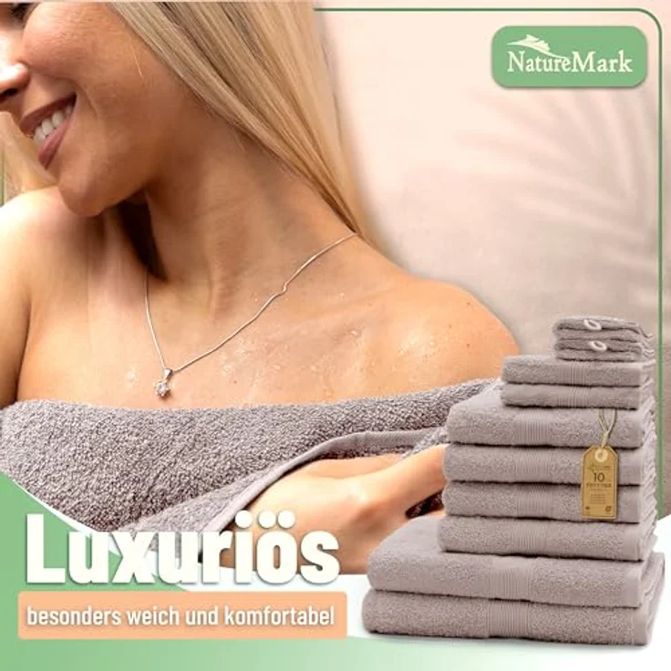 Green Mark Handtuch-Set mit 10 Teilen – 100% Baumwolle – 4 Handtücher 50×100 cm, 2 große Duschtücher 70×140 cm, 2 Gästetücher 30×50 cm und 2 Waschhandschuhe – Sand/Beige – Bild 8