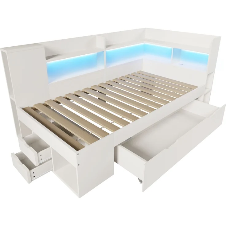 CHICFURN Bett aus Holzwerkstoff Weiß 90x200 cm mit LED-Beleuchtung, Stauraum und USB- und Type-C-Anschlüssen – Bild 8