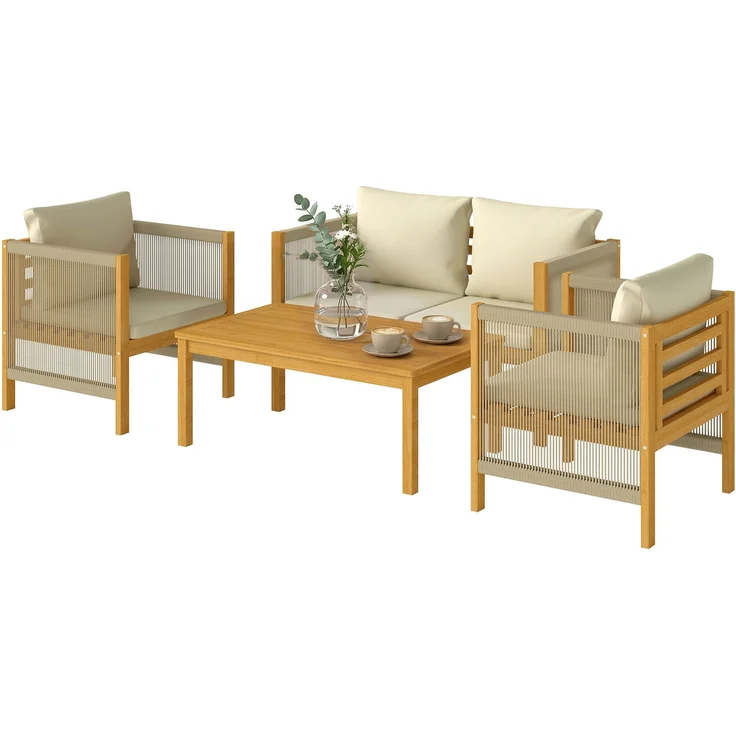 MELAYR, Gartenmöbel Set Holz Sitzgruppe für 4 Personen mit 2er Sofa 2 Sessel Tisch Seilflecht, 120 x 60 x 64 cm, Beige – Bild 2
