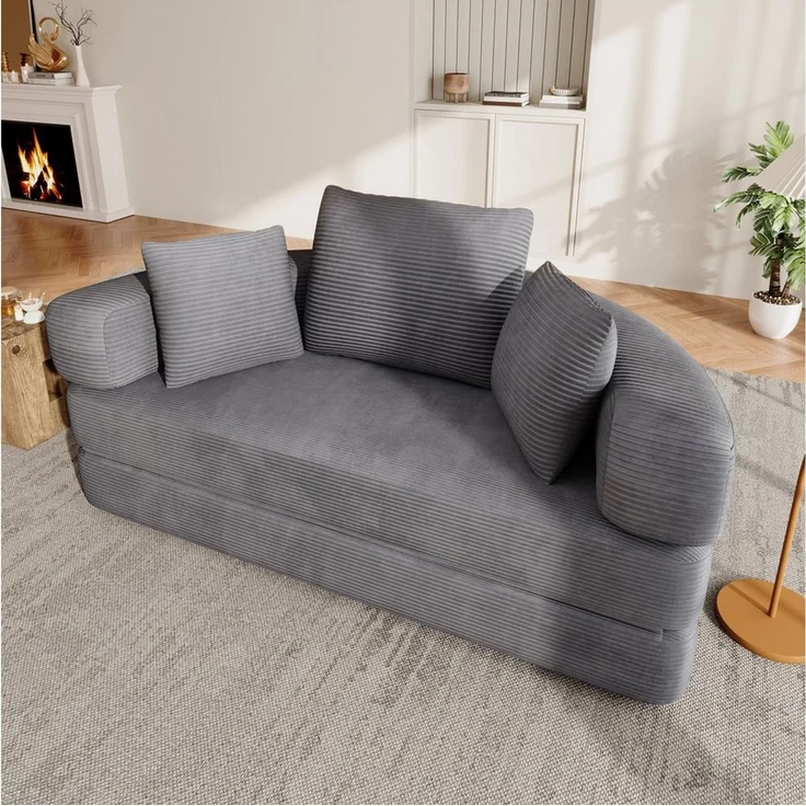 Merax Schlafsofa mit Schlaffunktion, Multifunktionales Sofa mit Hocker, Boneless Couch, Klappsofabett für Wohn/Arbeits/Schlafzimmer 1 Teile, 2-in-1 Sofa-Bett mit Cordstoffbezug inkl. 3 Kissen, 173x176cm – Bild 2
