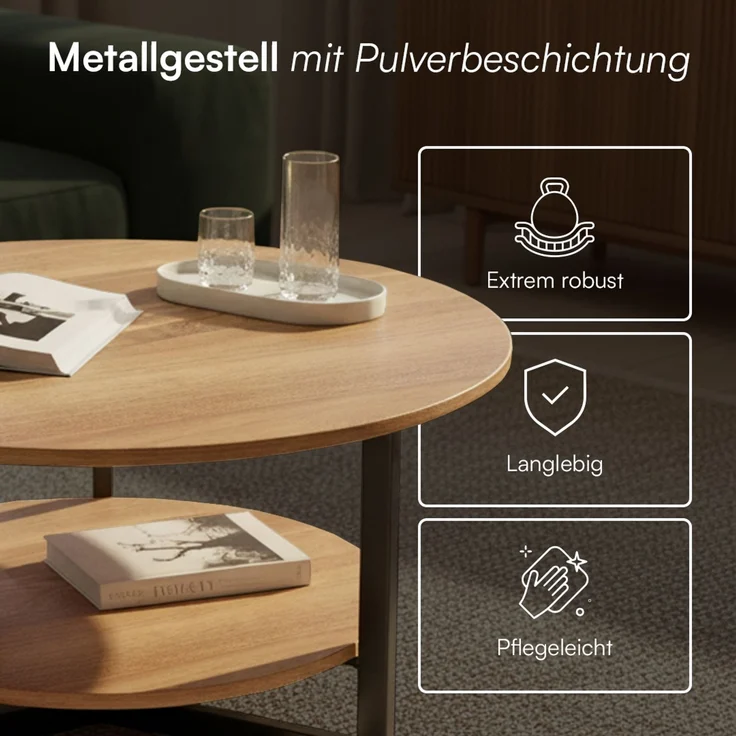 skølm 'Drakkar' Couchtisch rund, Massivholz Eiche, natur geölt, Wohnzimmertisch Ø70 cm mit Metallgestell, Beistelltisch für Wohnzimmer mit Ablage – Bild 5