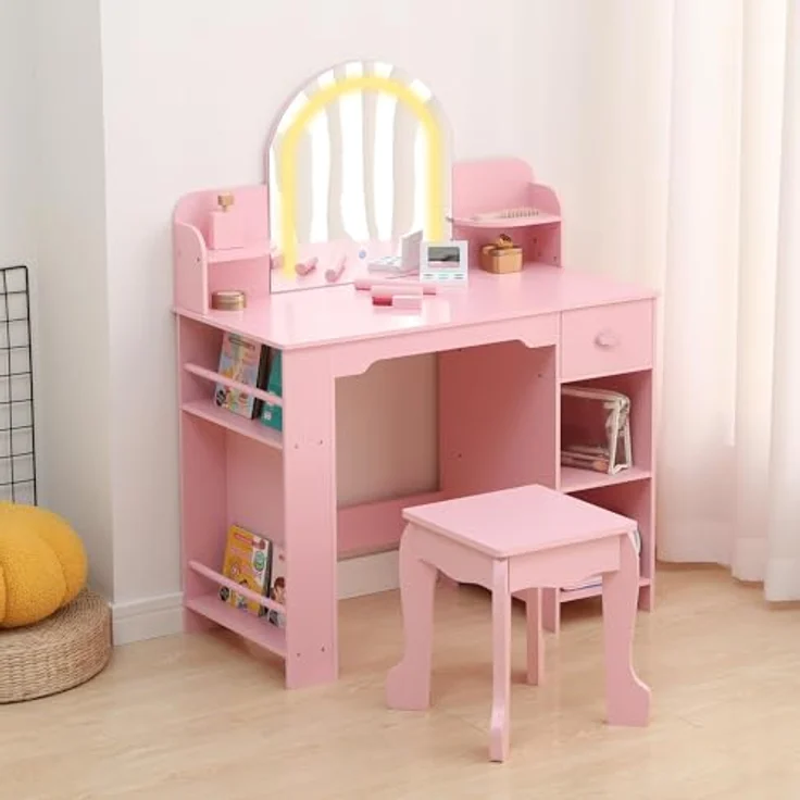 GarveeLife Schminktisch für Kinder mit Hocker und LED-Spiegel, Kleiner Schminktisch mit Schublade und 1 offenen Fächern, für Mädchen von 3 – 6 Jahren, Rosa, inklusive Zubehör – Bild 4