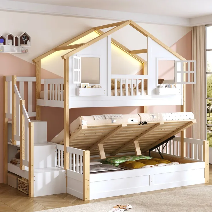 Merax Etagenbett, Kinderbett, 90*200+140*200cm, Holzbett, Hausbett, mit hydraulischem Unterbett, Hochbett mit LED und Stauraumtreppe, weiß+Naturfarbe