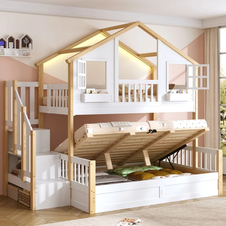 Merax Etagenbett, Kinderbett, 90*200+140*200cm, Holzbett, Hausbett, mit hydraulischem Unterbett, Hochbett mit LED und Stauraumtreppe, weiß+Naturfarbe – Bild 1