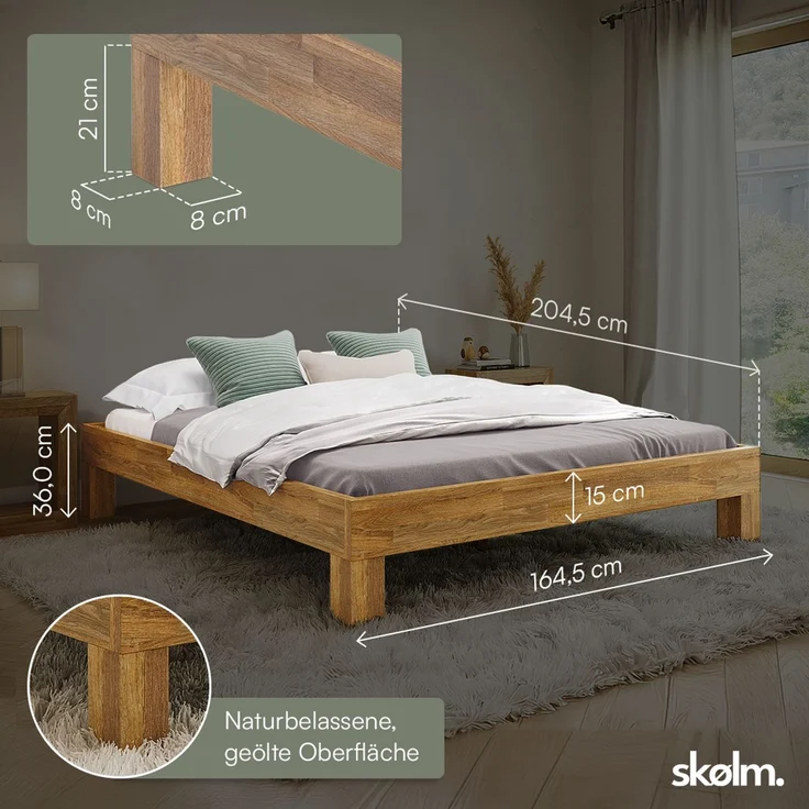 skølm 'Floki' Bett 160x200 cm, Bettgestell, natur geölt, Massivholzbett aus Eiche, geeignet als Doppelbett – Bild 5