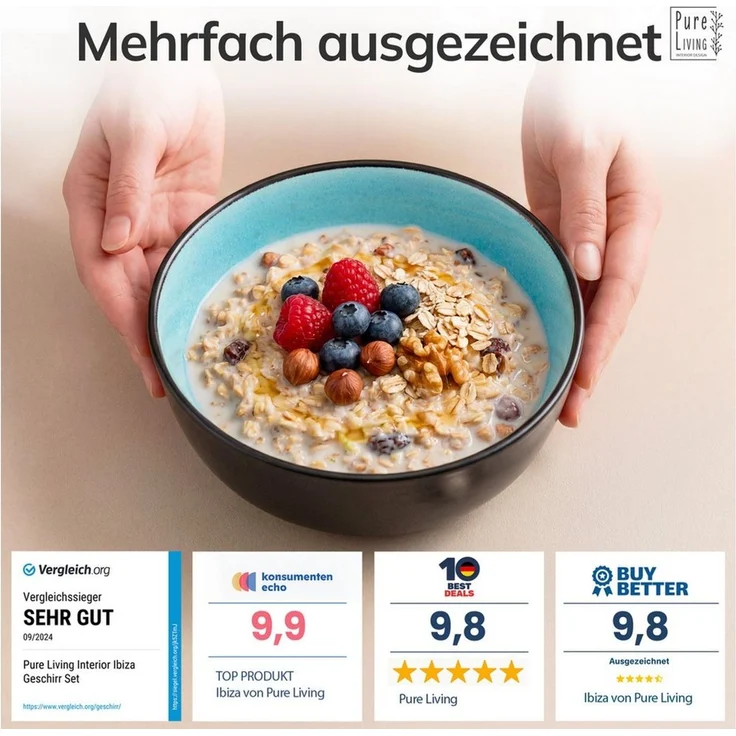 Steingut Müslischalen 6 Personen Ibiza TESTSIEGER, Traumhaftes Mediterranes Steingut Müsli Schüssel Set, Kleine Schüssel, Müslischale - Pure Living in Aquamarin – Bild 3