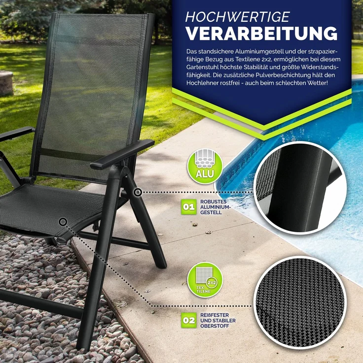 tillvex Gartenstuhl Premium 4 Stück Schwarz klappbar aus Aluminium | Hochlehner mit Armlehnen | Klappstuhl verstellbar | Klappsessel Balkon Garten Terrasse – Bild 4