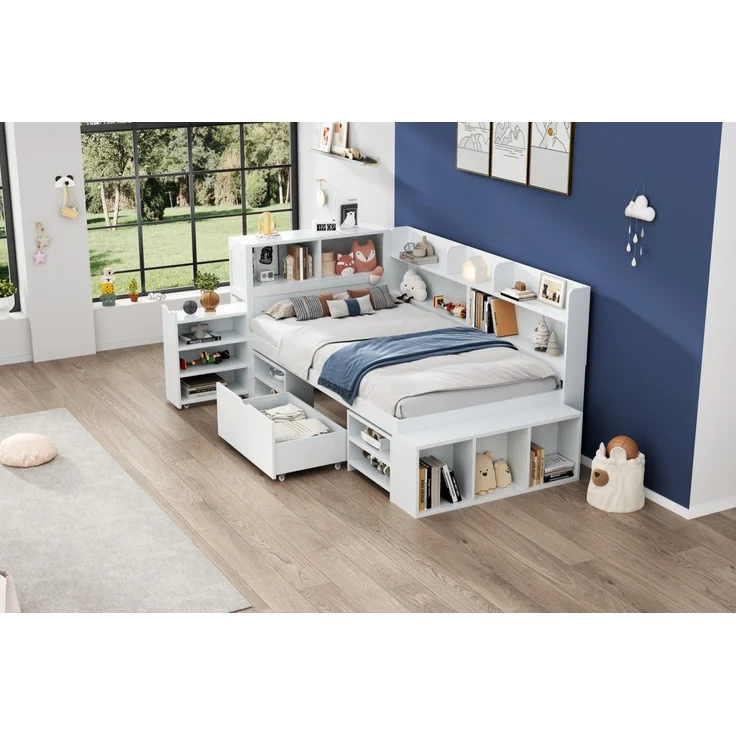 Merax Kinderbett mit Schubladen, Bücherregal & Stauschrank, mit Lattenrost, ohne Matratze, Plywood weiß, 90 x 200 cm – Bild 6